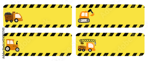 cute blank empty set collections yellow under construction excavator heavy site vehicle design for Name Label birthday gift party sticker pastel crayon doodle watercolor illustration