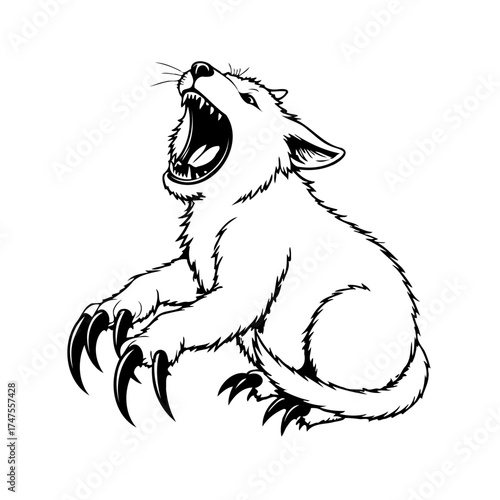 Monochrome illustration featuring a predatory animal with prominent claws roaring aggressively