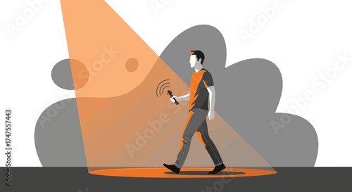 Person In Orange Spotlight Holding A Microphone Or Recording Device Vector Illustration
