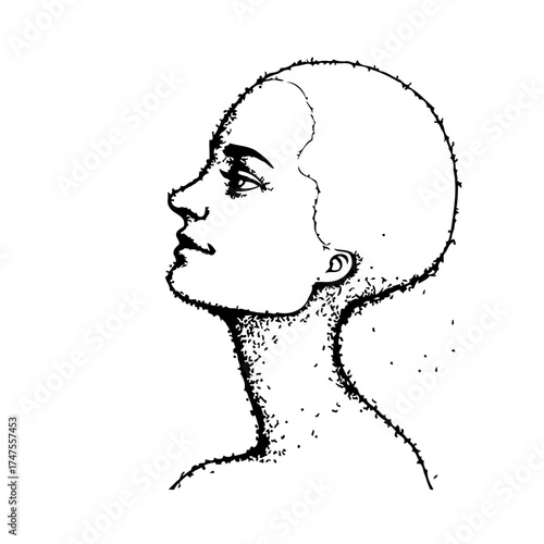 Monochrome illustration depicts a reflective woman with expressive eyes contemplating her future