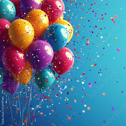 An exciting arrangement of vivid colorful party balloons and sparkling confetti floats upward for a joyful birthday celebration event