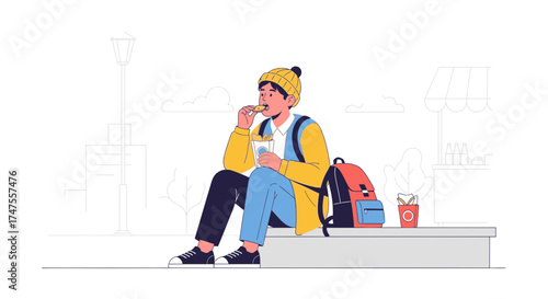 Person In Yellow Coat Eating Snack Outdoors On A Grey Bench With Backpack