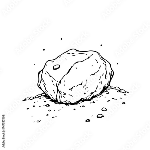 Monochrome illustration of a solitary rock formation with scattered smaller stones exhibiting