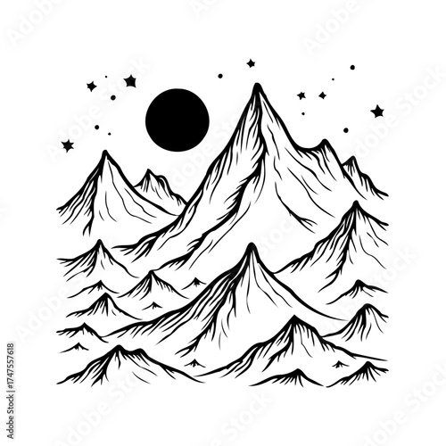 Monochrome mountain range illustration under starry night sky offering calm adventure aesthetic