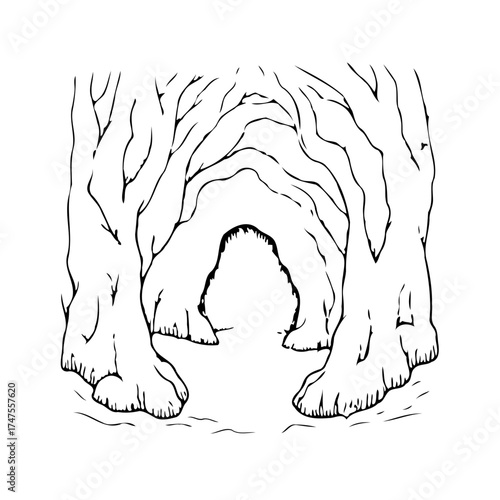 Monochrome line drawing of the cave entrance with tree trunk pillars and intricate detailing for