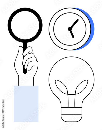 Hand grasping magnifying glass, wall clock, and lightbulb outline. Ideal for exploration, analysis, productivity, creativity, innovation focus time management. Minimalist and simple flat metaphor
