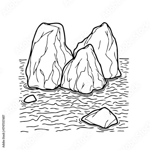 Monochrome scenic view of jagged rocks emerging from undulating water forming minimalist coastline