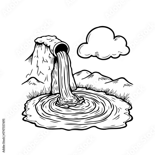 Monochrome pollution discharge rendering with pipe delivering contaminants into waters creating