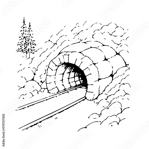 Monochrome train tunnel vision illustration showcasing vintage railway passage through the