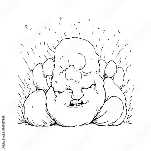 Monstrous caricature creature lurking hidden in tall grass original hand drawn ink line