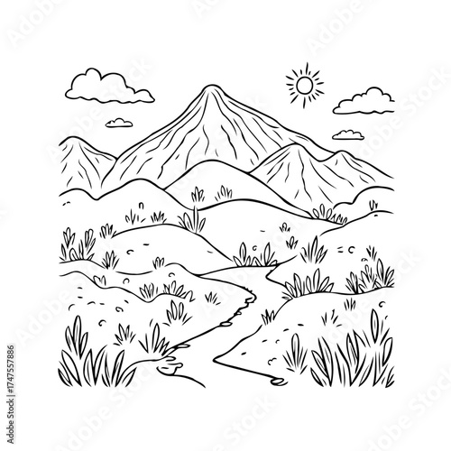 Mountainous landscape drawing with stream flowing down, captured in simple line art on sunny day
