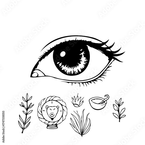 Mystical eye gazing downwards accompanied by illustrative elements creating a symbolic and