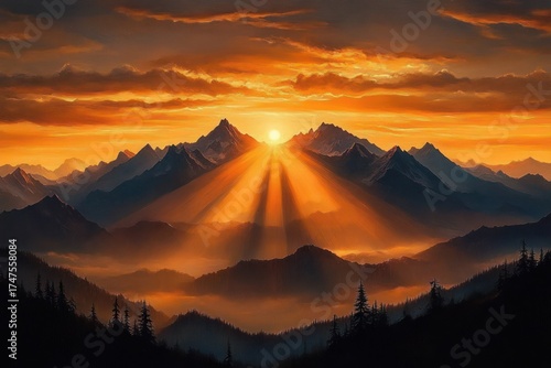 Sunset casting golden rays over jagged mountain peaks with layered forested hills in the foreground under a dramatic cloudy sky