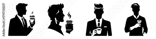 Modern Minimalist Man Holding Coffee Icon, Flat Silhouette of a Half-Body View Vector for Café Illustration Design