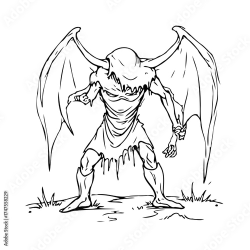 Outlined monstrous creature with wings and horns standing fiercely ready to strike or attack its