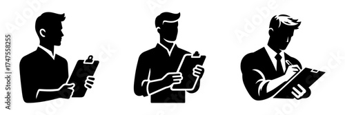 Modern Minimalist Man Holding Clipboard Icon, Flat Silhouette of a Half-Body View Vector for Office Illustration Design
