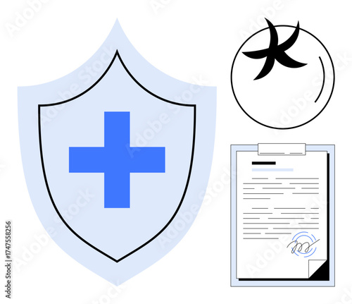 Shield with blue medical cross, signed clipboard document, and circular stamp. Ideal for healthcare, security, validation, insurance, certification documentation trust. Simple flat metaphor