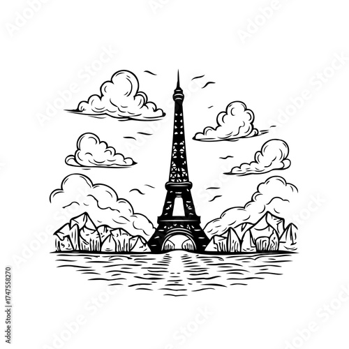 Parisian panorama artistic rendering iconic structure surrounded soft clouds flowing waters serene