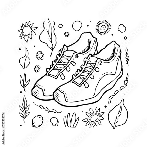 Pair of laced shoes illustration, hand-drawn sketch style, floral elements on white background and