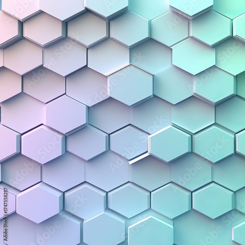 Vibrant modern three dimensional hexagonal pattern creating an abstract geometric background with a smooth gradient of soft pastel colors