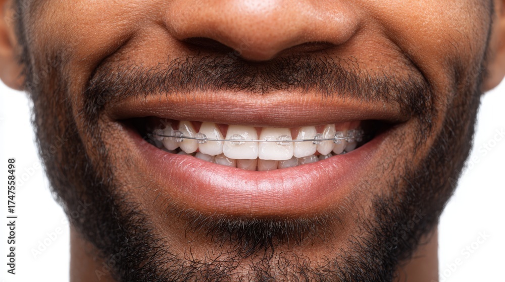 Fototapeta premium Young black man smiling with orthodontic braces on teeth in close-up 
