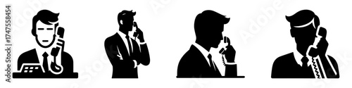 Modern Minimalist Man Answering Phone Icon, Flat Silhouette of a Half-Body View Vector for Communication Illustration Design