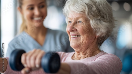 Senior woman exercising with dumbbell while smiling at female physical therapist in clinic