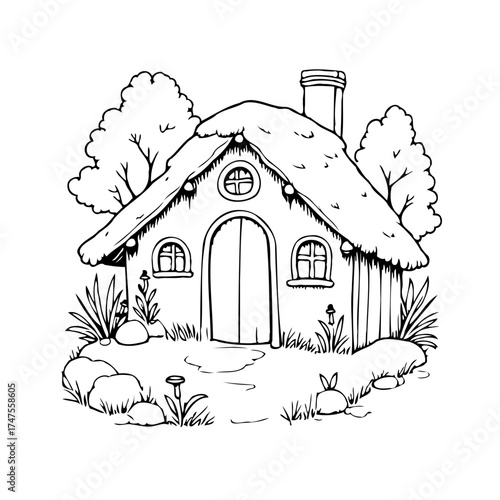 Quaint fairytale cottage amidst gentle foliage with whimsical features captivating black and white