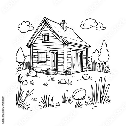 Quaint cabin sketch nestled amongst nature's serene embrace inviting thoughts of home and peaceful