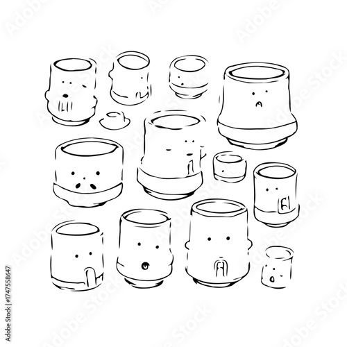 Quirky ceramic containers arranged in playful manner showcasing artisan craftsmanship and creative