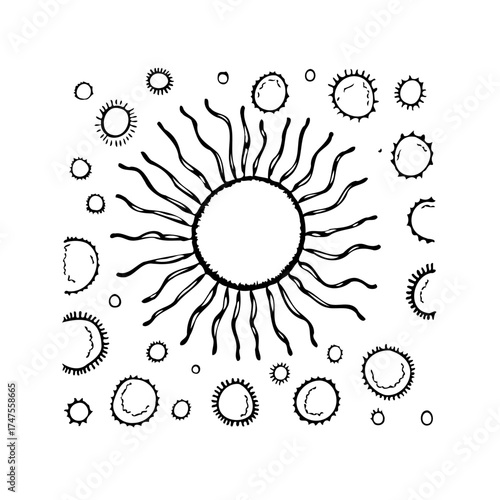 Radiant celestial body sketch emitting energy waves and surrounded by various smaller circular