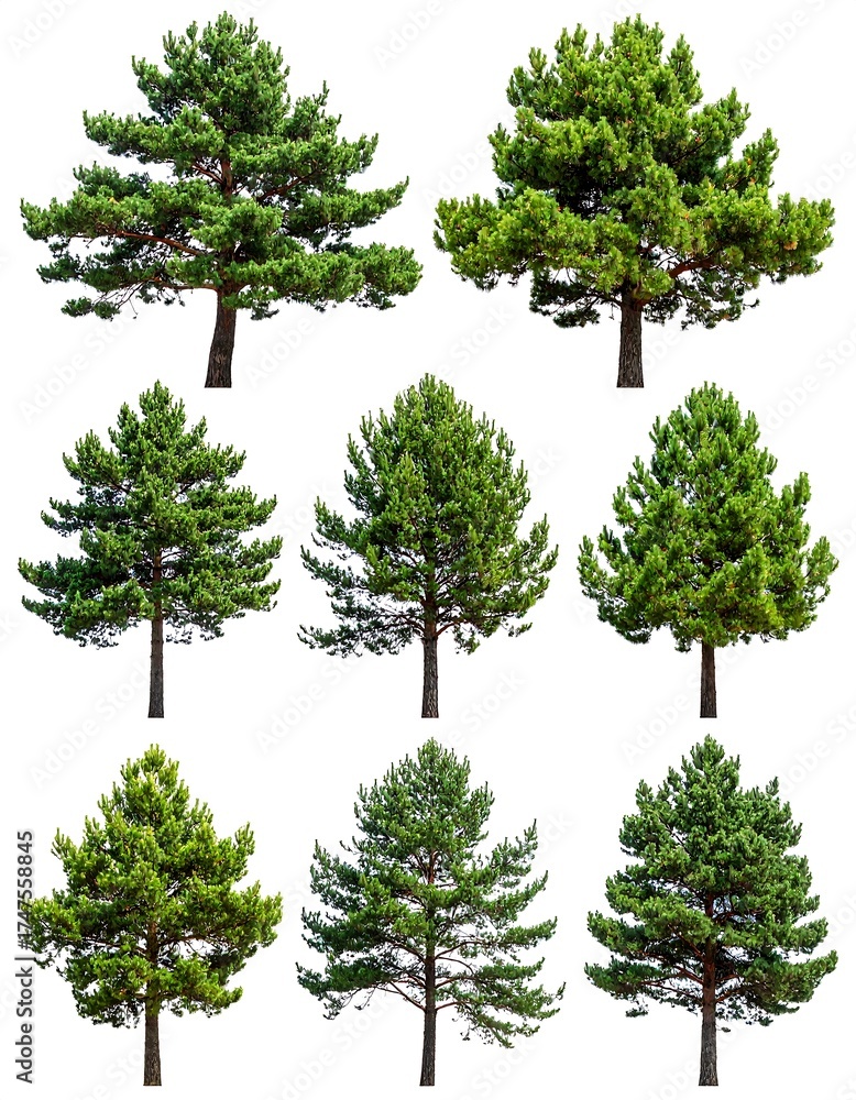 Obraz premium Nine pine trees isolated on white