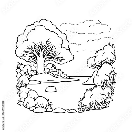Serene landscape illustration featuring a prominent tree waterside under a cloudy sky offering