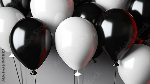 Cluster of shiny black and white balloons floating closely together creating a monochrome festive atmosphere