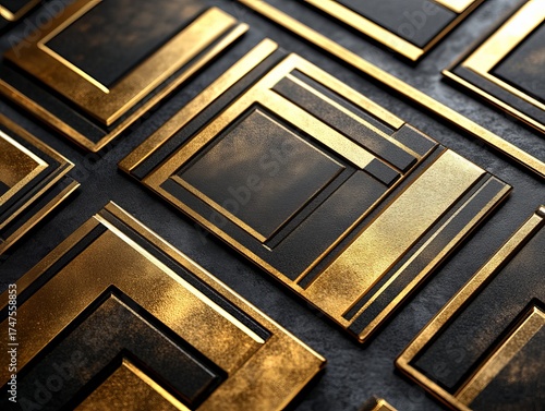 Elegant gold and dark metallic geometric patterns creating a sophisticated abstract design with rich textures for luxurious art deco visuals