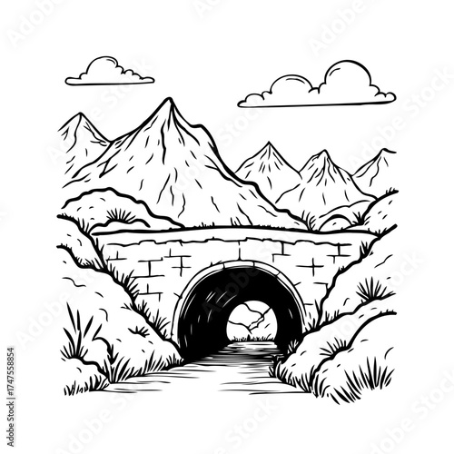 Serene mountain landscape sketch depicting stone bridge over stream under cloudy sky in wilderness