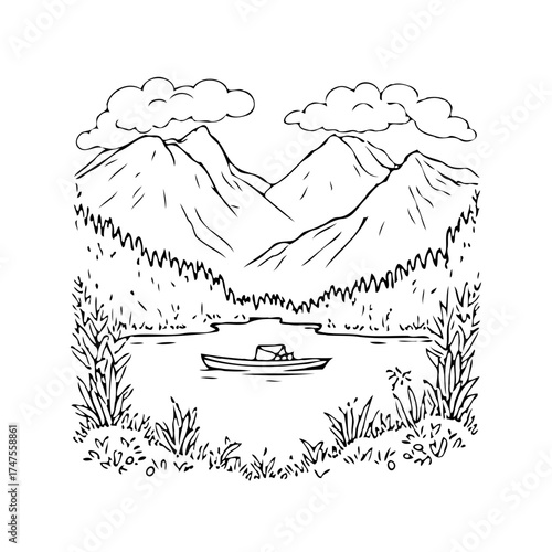 Serene mountain landscape with boat on lake and sketched style for peaceful retreat and