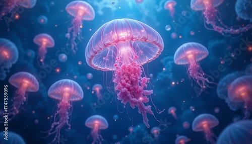 A mesmerizing scene of jellyfish gracefully swimming in the deep blue sea