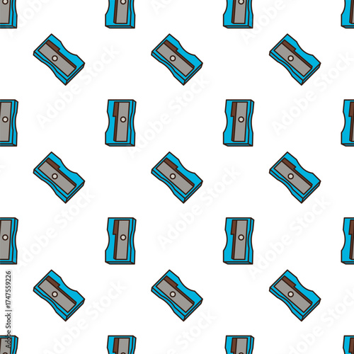 doodle pattern of of a pencil sharpener. It has a blue body with a wavy or ergonomic shape, a grey metal blade cover, and a circular hole for sharpening pencils