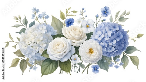 Beautifully arranged watercolor floral bouquet featuring soft blue hydrangeas and delicate white roses with green leaves