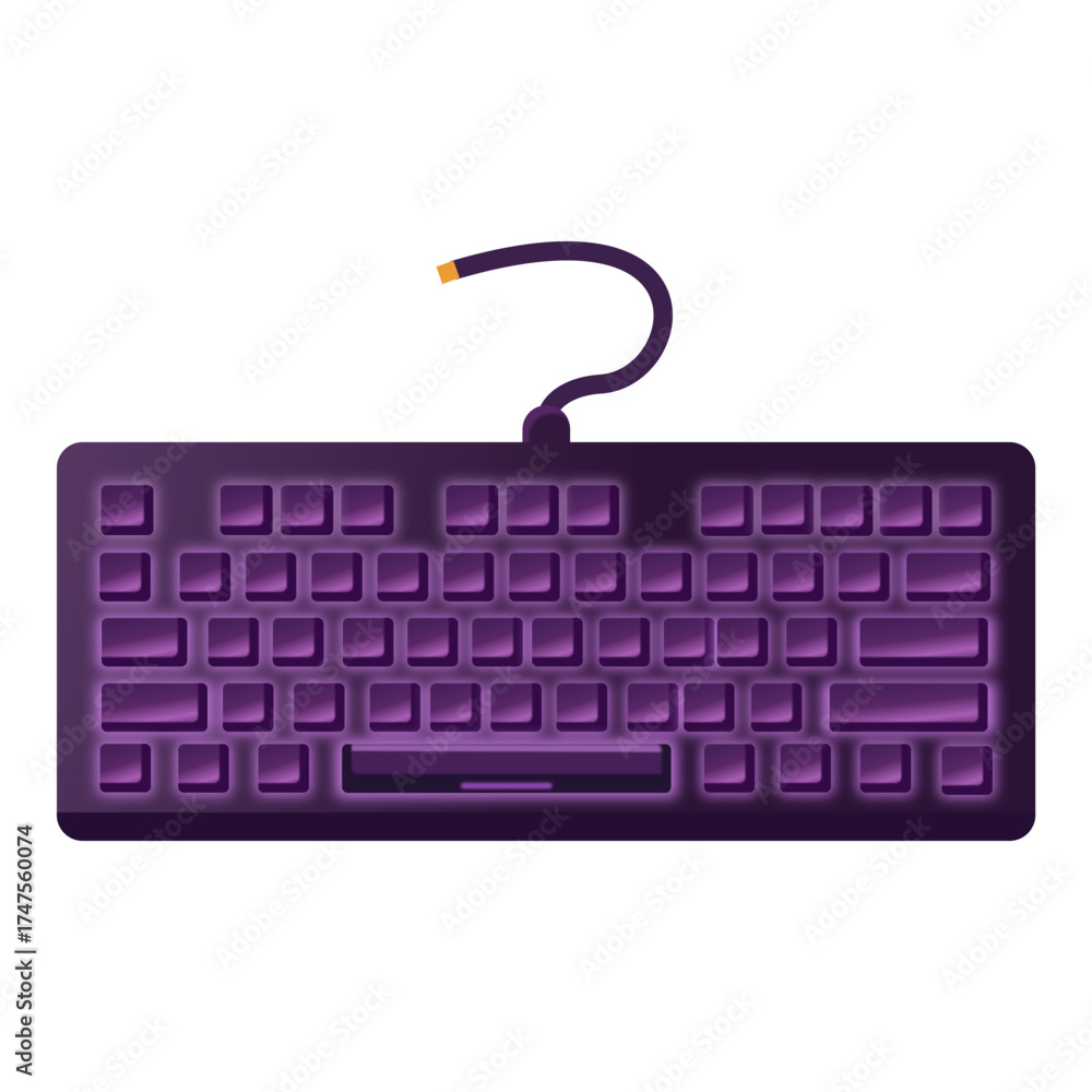 Fototapeta premium Stylized gaming keyboard in dark purple with neon glow, Halloween theme, perfect for computer, gamer, and digital tech illustrations.