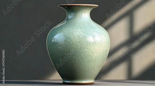 Elegant pale green ceramic vase with a glossy crackled surface reflecting light against a neutral background with soft shadows