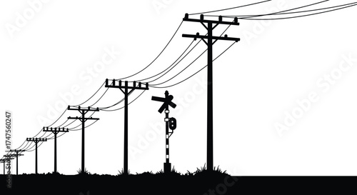 Silhouette illustration of electric utility poles with power lines and railway crossing signal along countryside road, minimalist black vector design for infrastructure concept