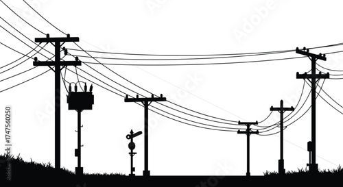 Silhouette illustration of electric utility poles with transformers, power lines, and railway signal along rural road, black vector design showing energy and infrastructure connection
