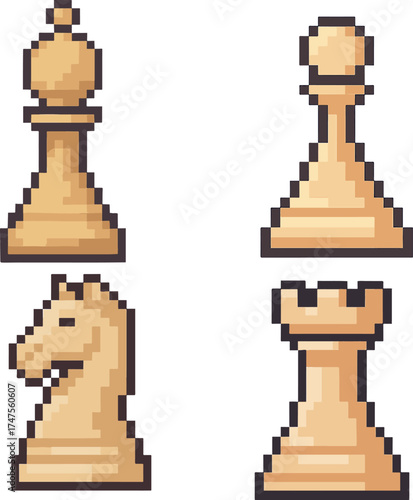 pawn, rook, bishop and knight pixel art, eps 10 illustration