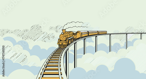 Vector vintage train on suspended curved track above soft clouds with diagonal cloud patterns, muted mustard gray blue palette, minimal dreamy composition