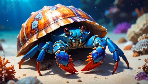 A vibrantly hued crab emerges, protected by a shell, on a sandy ocean floor