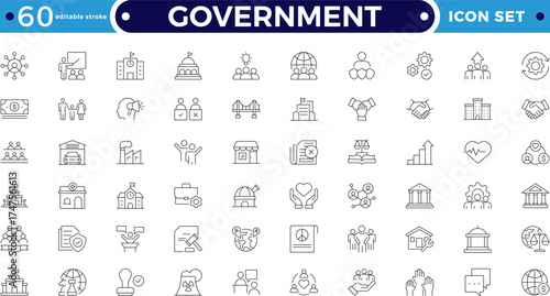 Government outline icon set. Includes governance, charity, justice, inclusion, diversity, and advocacy symbols. Modern outline icons for social policy, human rights.  Editable stroke outline icon. 