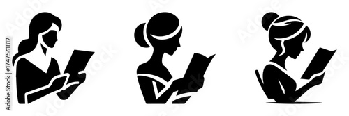 Modern Minimalist Woman Reading Paper Icon, Flat Silhouette of a Half-Body Figure Vector for Office Illustration Design