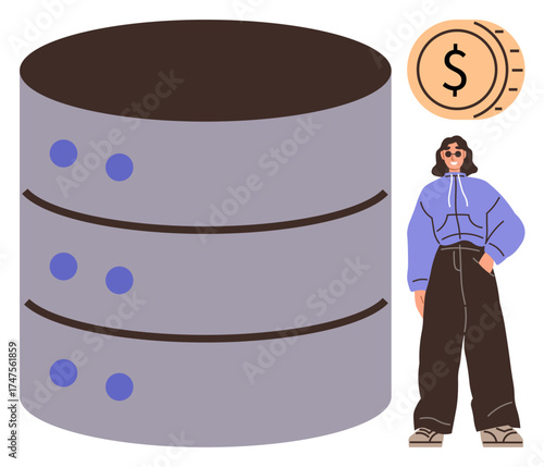 Large database server, coin with dollar sign, and casual person representing data management, finance, and technology. Ideal for fintech, data services, IT solutions, business innovation cloud